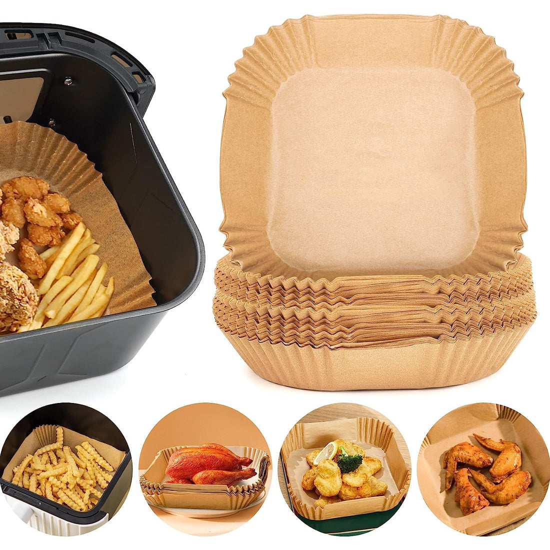 Set 100 hartii de copt pentru air fryer, Termorezistent, Maro 16 x 16 x 4.5 cm, patrat