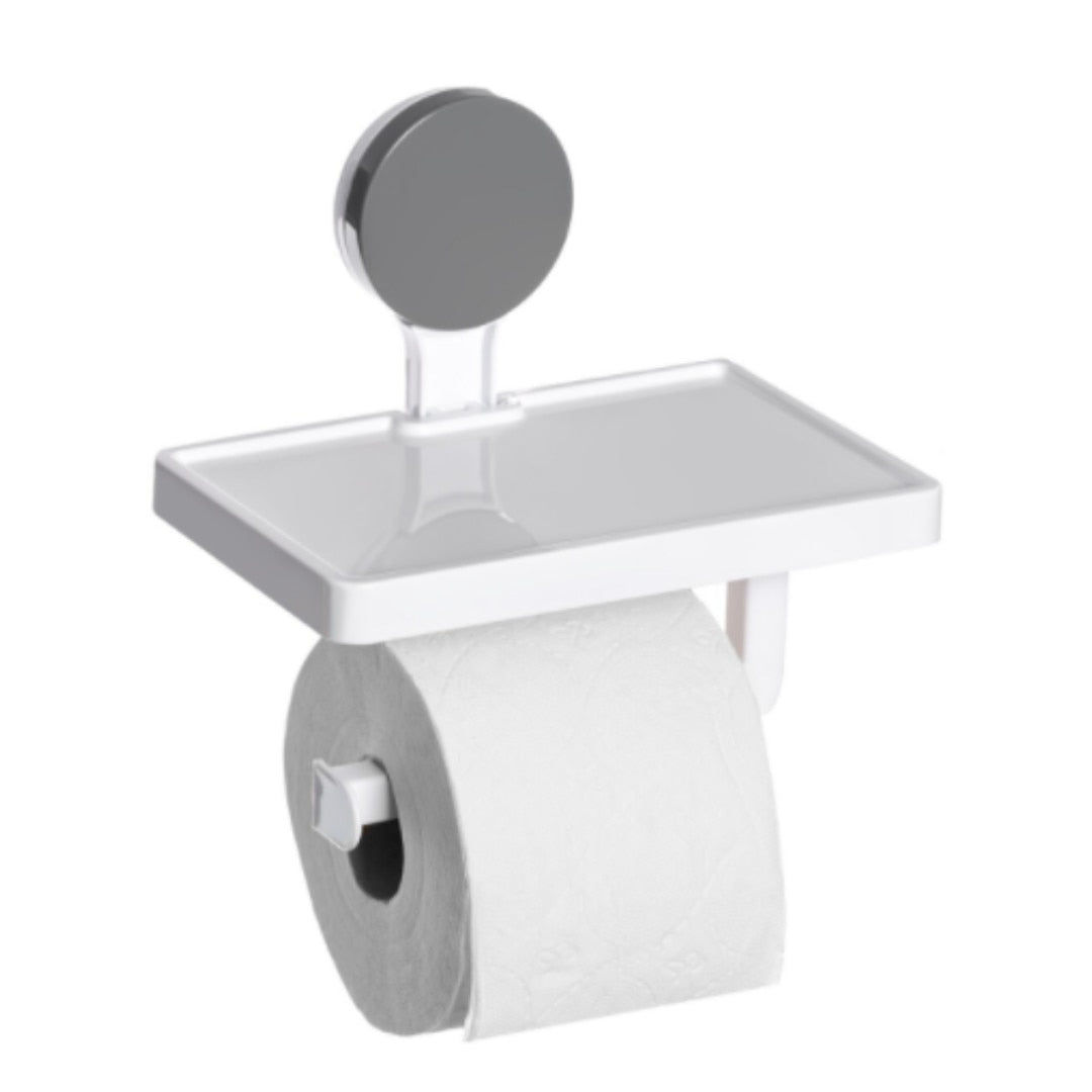 Suport hartie igienica cu raft depozitare telefon sau alte accesorii, prindere cu ventuza, 30x10x10 CM, alb