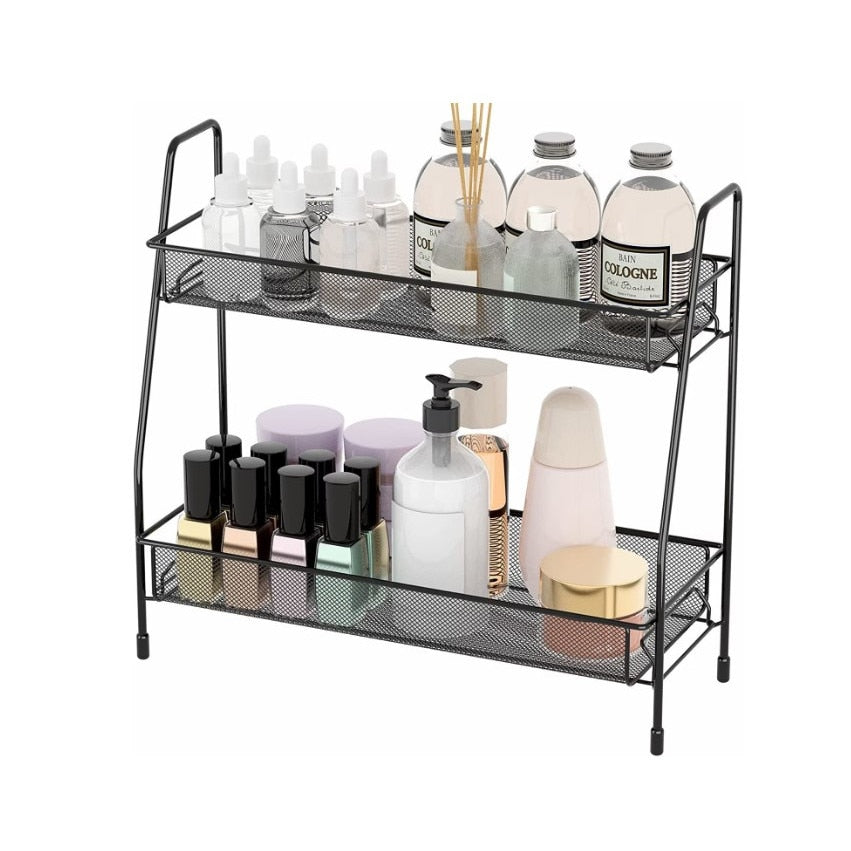 Suport organizator multifunctional cu 2 etaje, negru, metalic, ideal pentru condimente, cosmetice