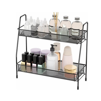 Suport organizator multifunctional cu 2 etaje, negru, metalic, ideal pentru condimente, cosmetice