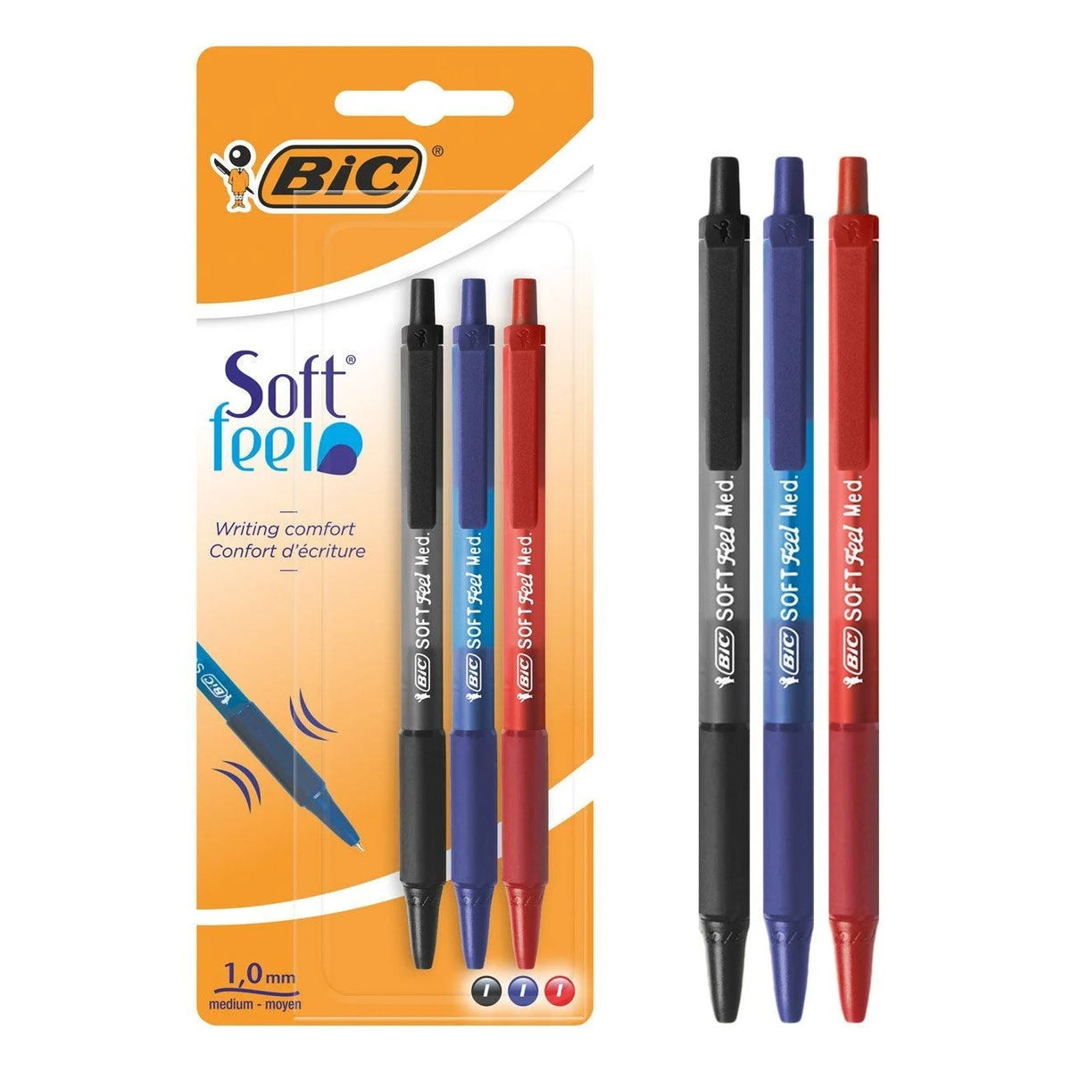 Set Pixuri Ballpen BIC Soft Grip Albastru Rosu Negru 1.0mm - 3buc