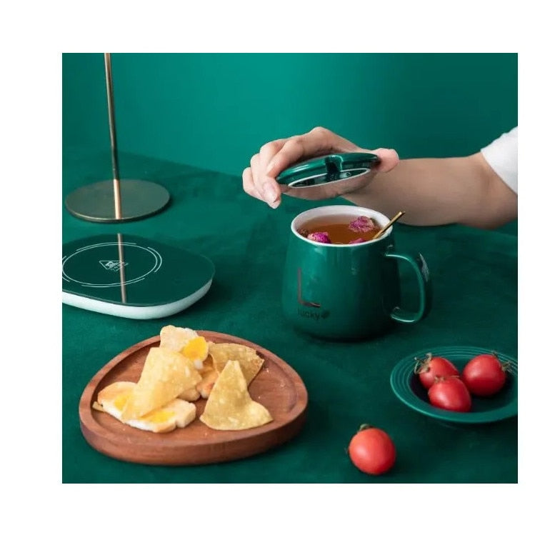 Set cana ceramica, cu incalzire, scris auriu Lucky, 350 ml, verde