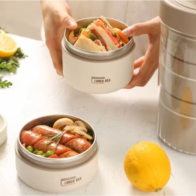 Set 3 caserole termice si geanta transport termica, inox, cu tacamuri, 1400ml, crem