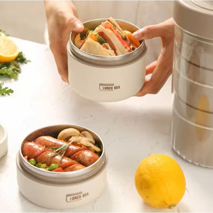 Set 3 caserole termice si geanta transport termica, inox, cu tacamuri, 1400ml, crem