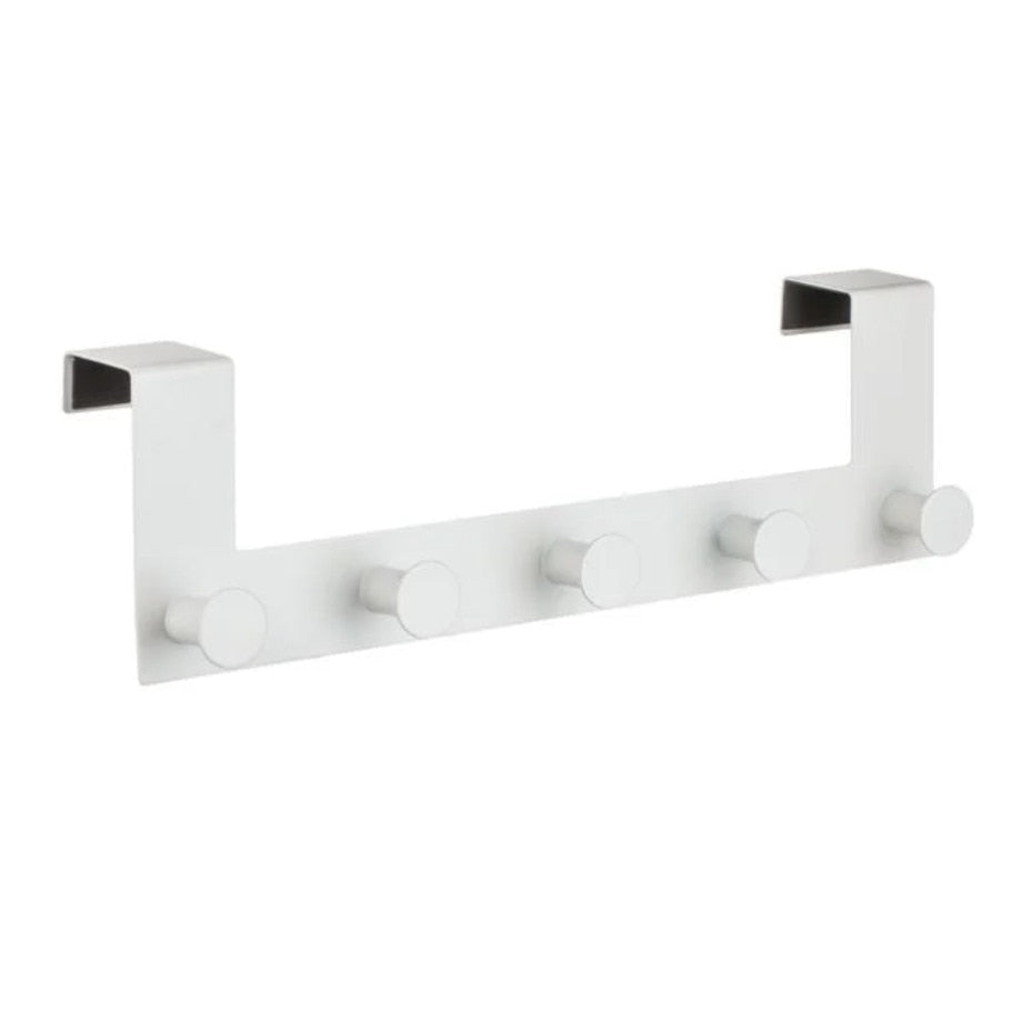 Cuier cu fixare pentru usa, cu 5 carlige, metalic, alb, 53x4x10.5cm