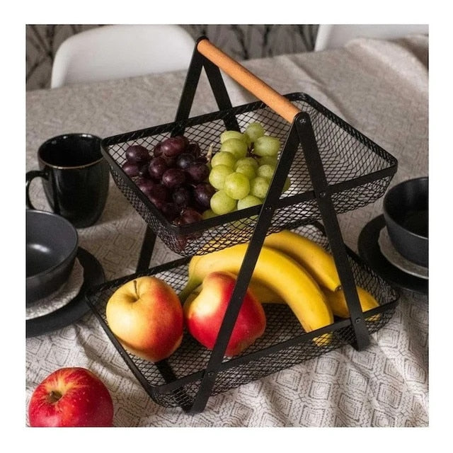 Fructieră etajată, metal și lemn, 27x18x29cm, negru mat