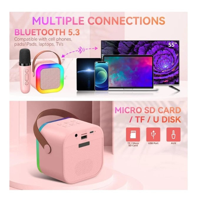 Set Karaoke cu boxa si 2 microfoane pentru copii si adulti, wirless, card micro SD, Bluetooth, radio FM, beige