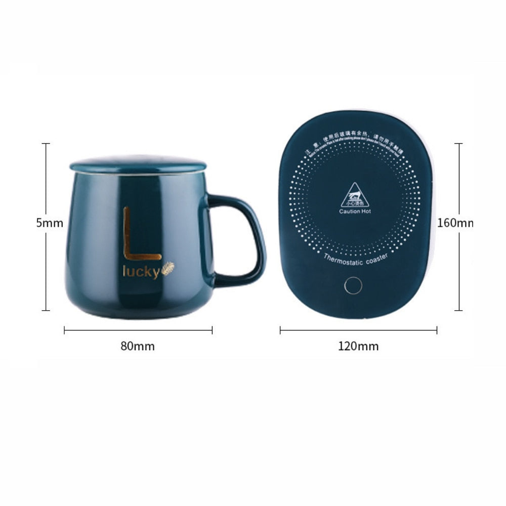 Cana inteligenta de cafea din ceramica, cu capac si lingurita, incalzitor cu USB, 55 grade, controlul temperaturii, verde