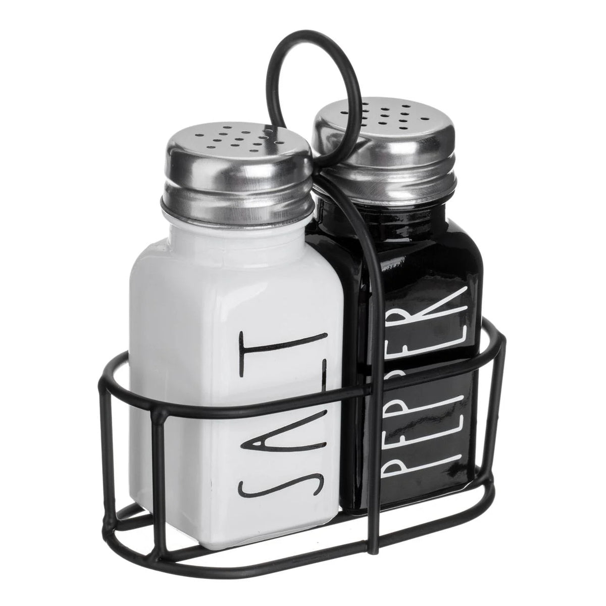 Set Solnita Sare Piper din Sticla Neagra Alba cu Baza Metalica 85ml