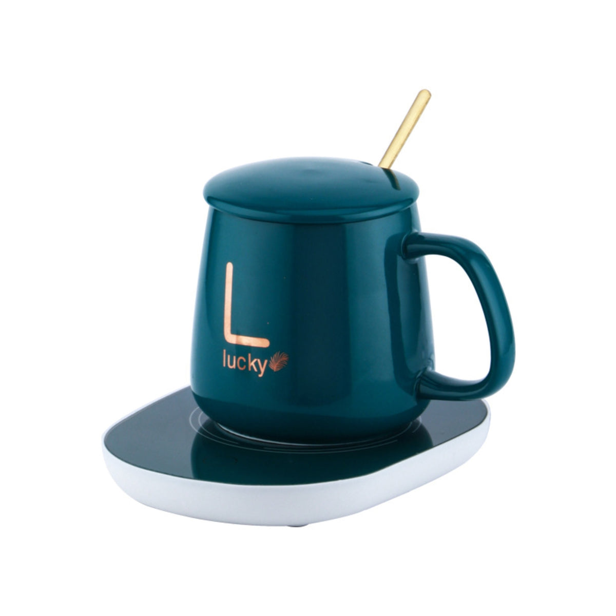 Set cana ceramica, cu incalzire, scris auriu Lucky, 350 ml, verde