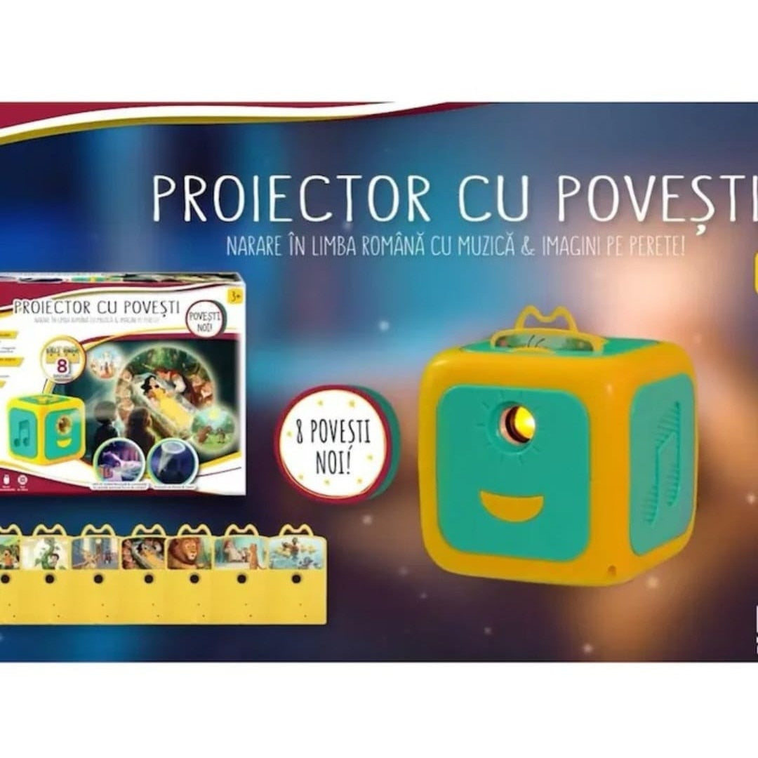 Proiector Povesti pentru Copii, Cub Interactiv cu Narare in Limba Romana, 8 Discuri cu POVESTI NOI, Alfabet, Forme si Numere,