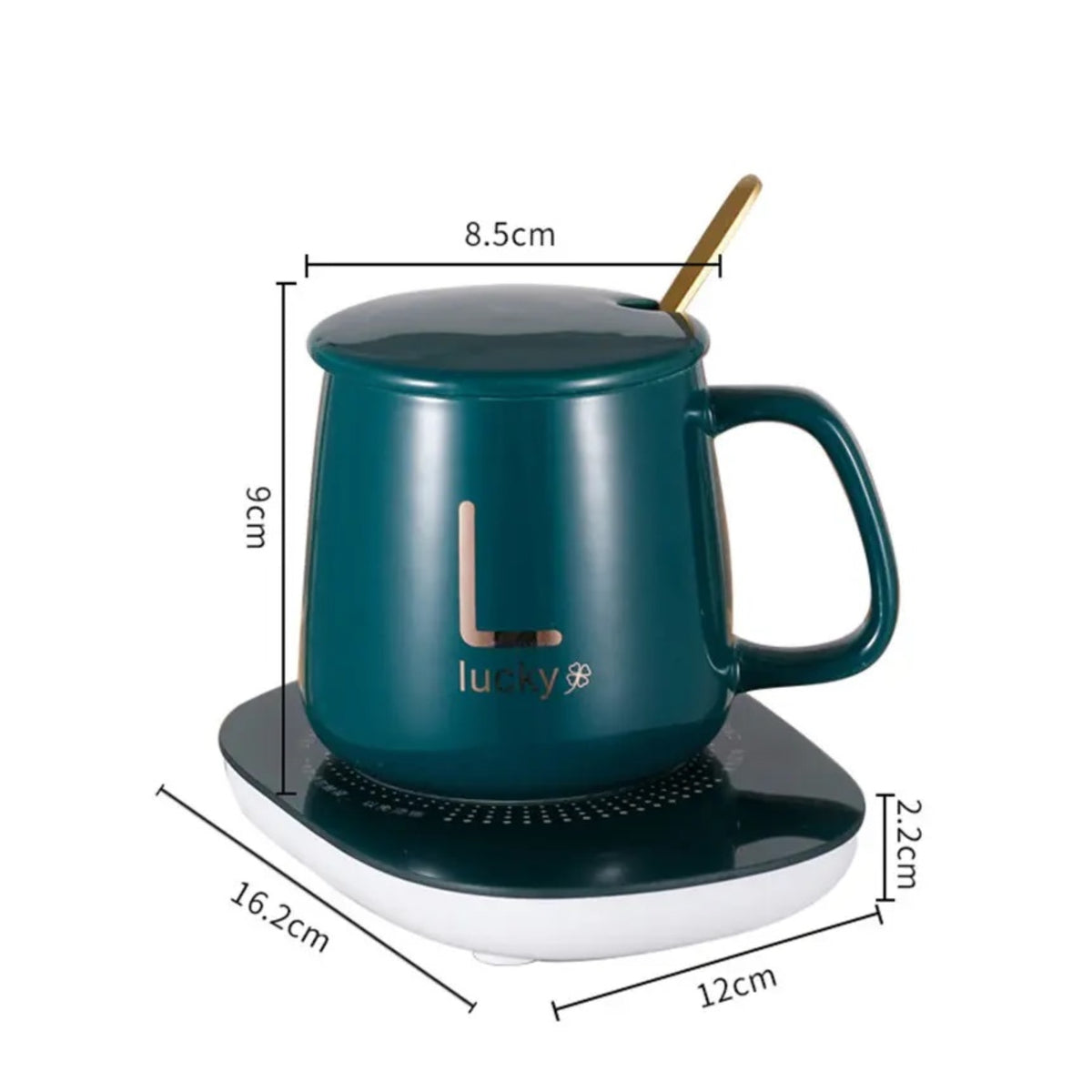 Set cana ceramica, cu incalzire, scris auriu Lucky, 350 ml, verde