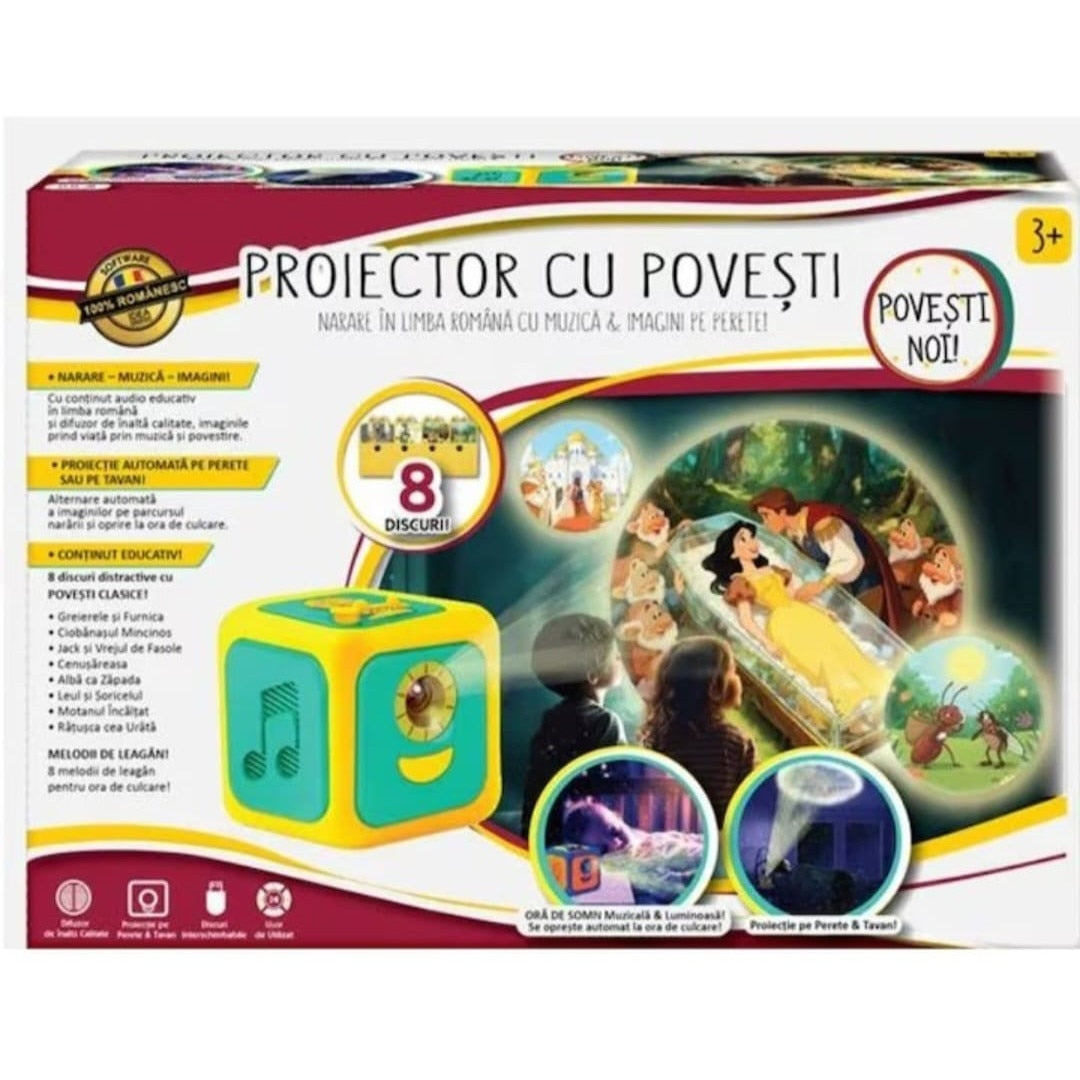 Proiector Povesti pentru Copii, Cub Interactiv cu Narare in Limba Romana, 8 Discuri cu POVESTI NOI, Alfabet, Forme si Numere,