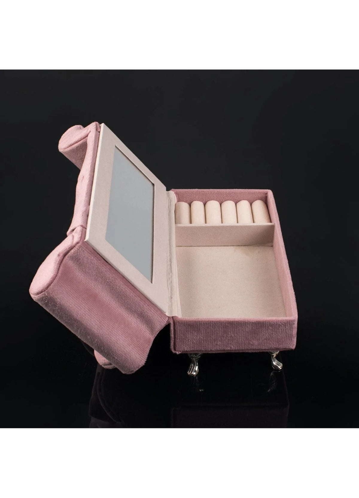 Cutie Organizator Canapea cu Inima Roz Velvet & Oglinda pentru Bijuterii 24x9,5x15cm