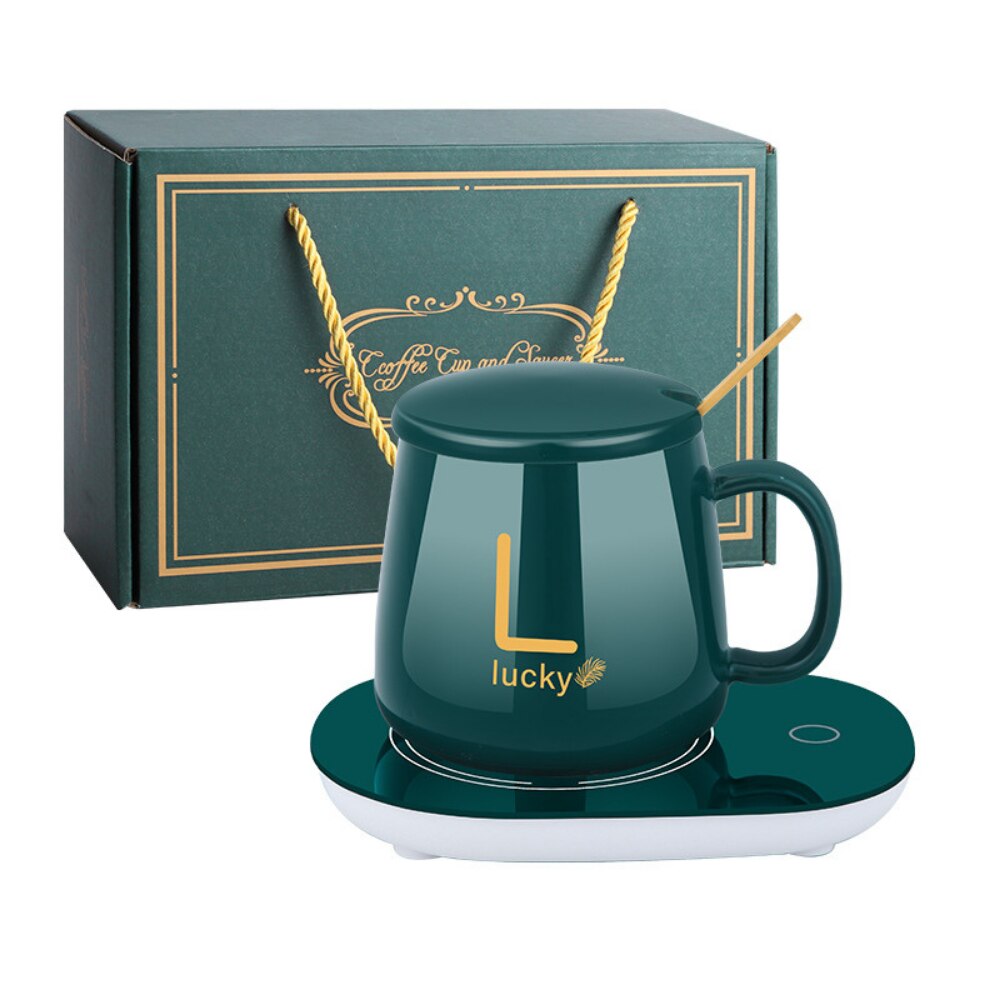 Cana inteligenta de cafea din ceramica, cu capac si lingurita, incalzitor cu USB, 55 grade, controlul temperaturii, verde