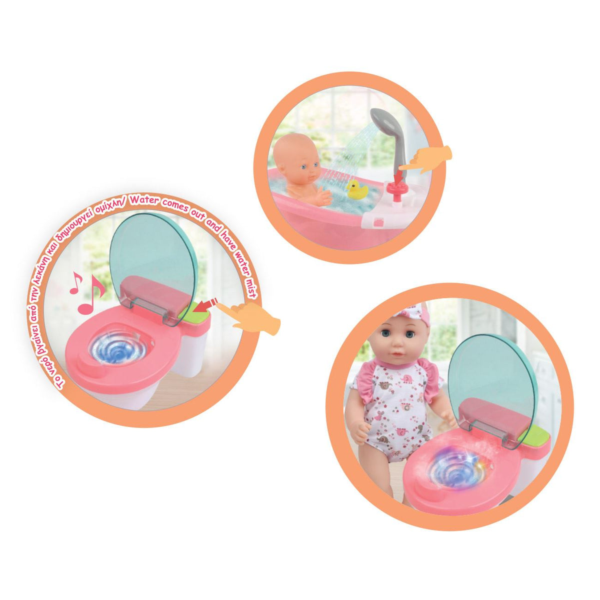 Papusa bebelus cu cada, efect sonor, halat de baie roz, 40cm, set cu accesorii