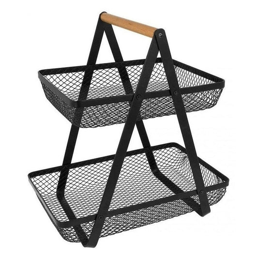 Fructieră etajată, metal și lemn, 27x18x29cm, negru mat