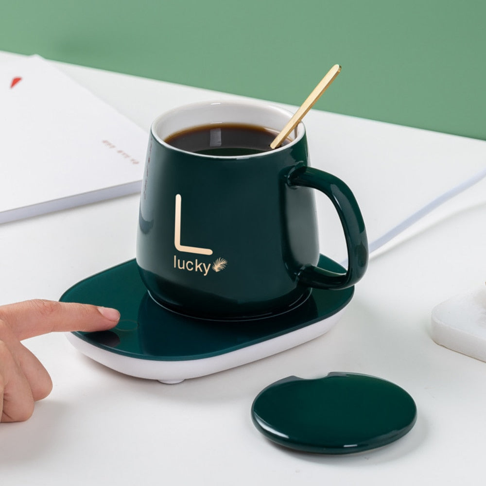 Cana inteligenta de cafea din ceramica, cu capac si lingurita, incalzitor cu USB, 55 grade, controlul temperaturii, verde