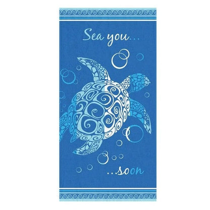 Prosop Plaja din Bumbac Alb Bleu Broasca Testoasa "Sea you Soon" 150x75cm