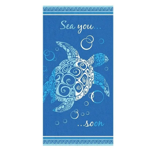 Prosop Plaja din Bumbac Alb Bleu Broasca Testoasa "Sea you Soon" 150x75cm