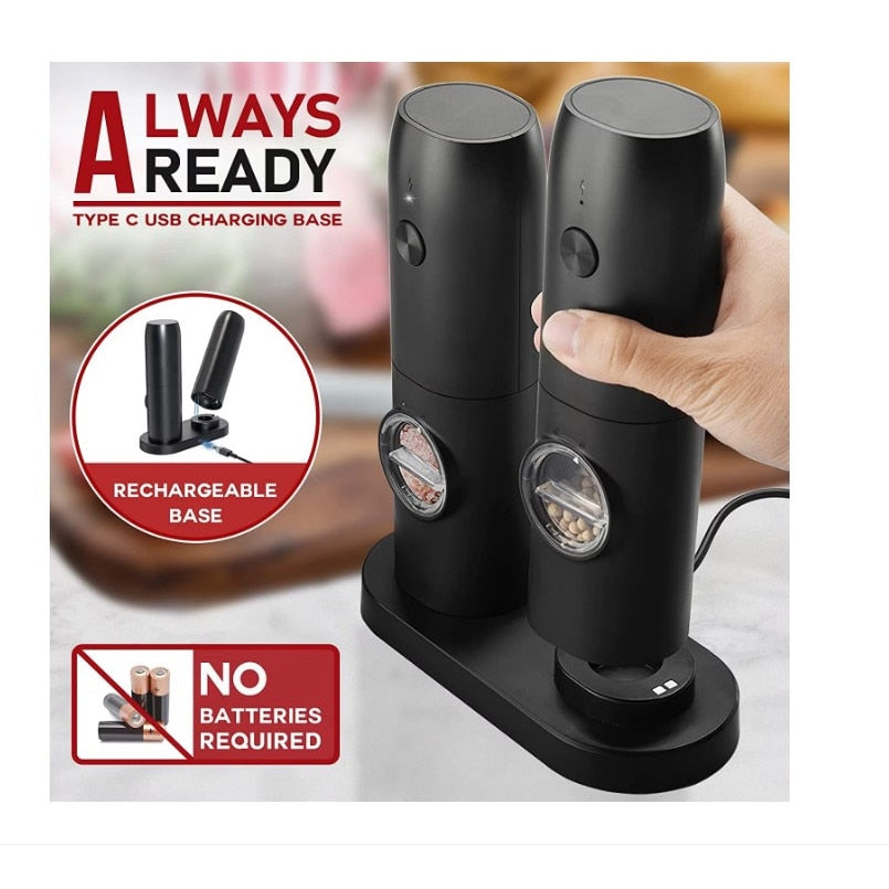 Set 2 rasnite electrice, Sare si Piper, cu stand incarcare USB, negru