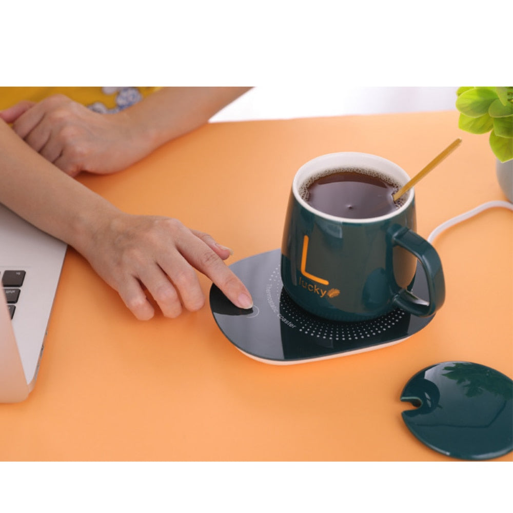 Cana inteligenta de cafea din ceramica, cu capac si lingurita, incalzitor cu USB, 55 grade, controlul temperaturii, verde