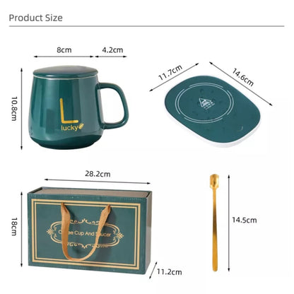 Set cana ceramica, cu incalzire, scris auriu Lucky, 350 ml, verde