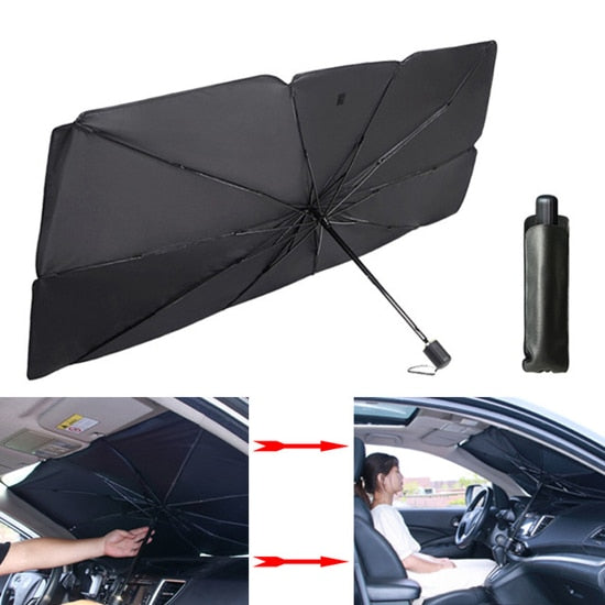 Parasolar Auto Pliabil, pentru Masina, in Forma de Umbrela, pentru golf, hacthback,145 x 79 cm, Rezistent UV, Negru-Argintiu