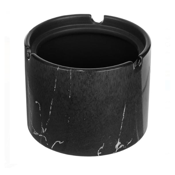 Scrumiera cilindrica, ceramica model marmura negru cu capac bambus 10x7cm