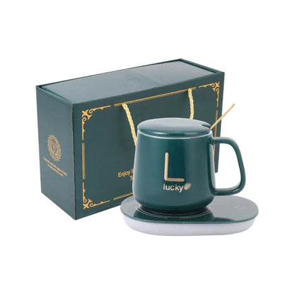 Set cana ceramica, cu incalzire, scris auriu Lucky, 350 ml, verde
